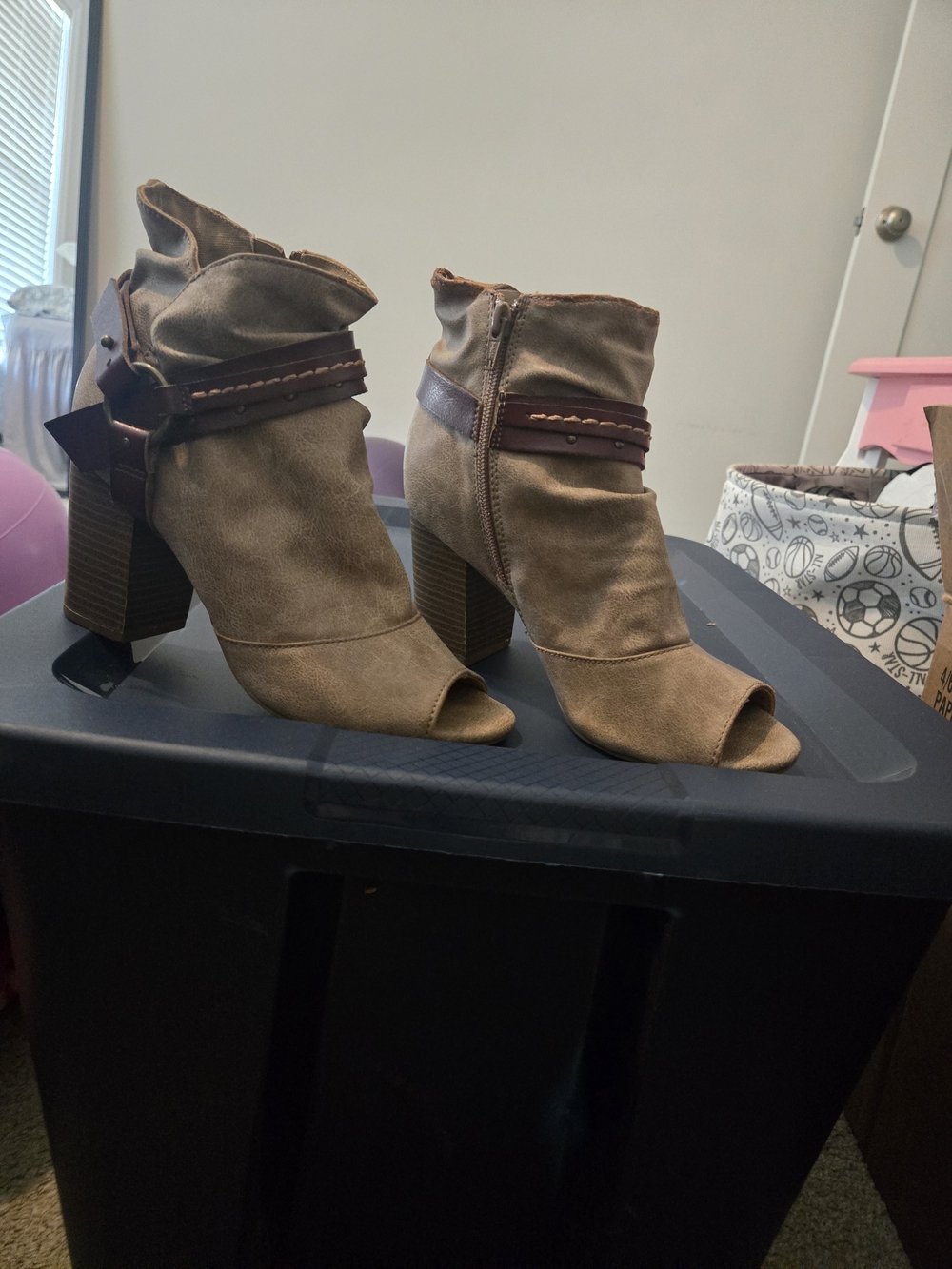 Kohl's Taupe Suede-Look Peep-Toe Ankle Booties with Brown Strap